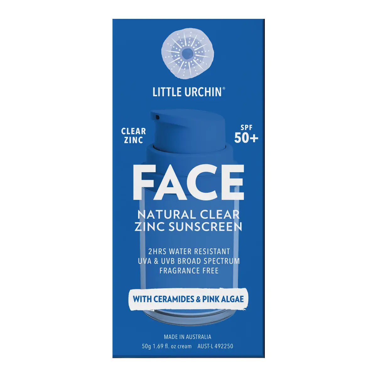 A tall blue rectangular box for Little Urchin Face Natural Clear Zinc Sunscreen SPF 50+, shown centered on a white background. The box features a blue pump illustration and white text.