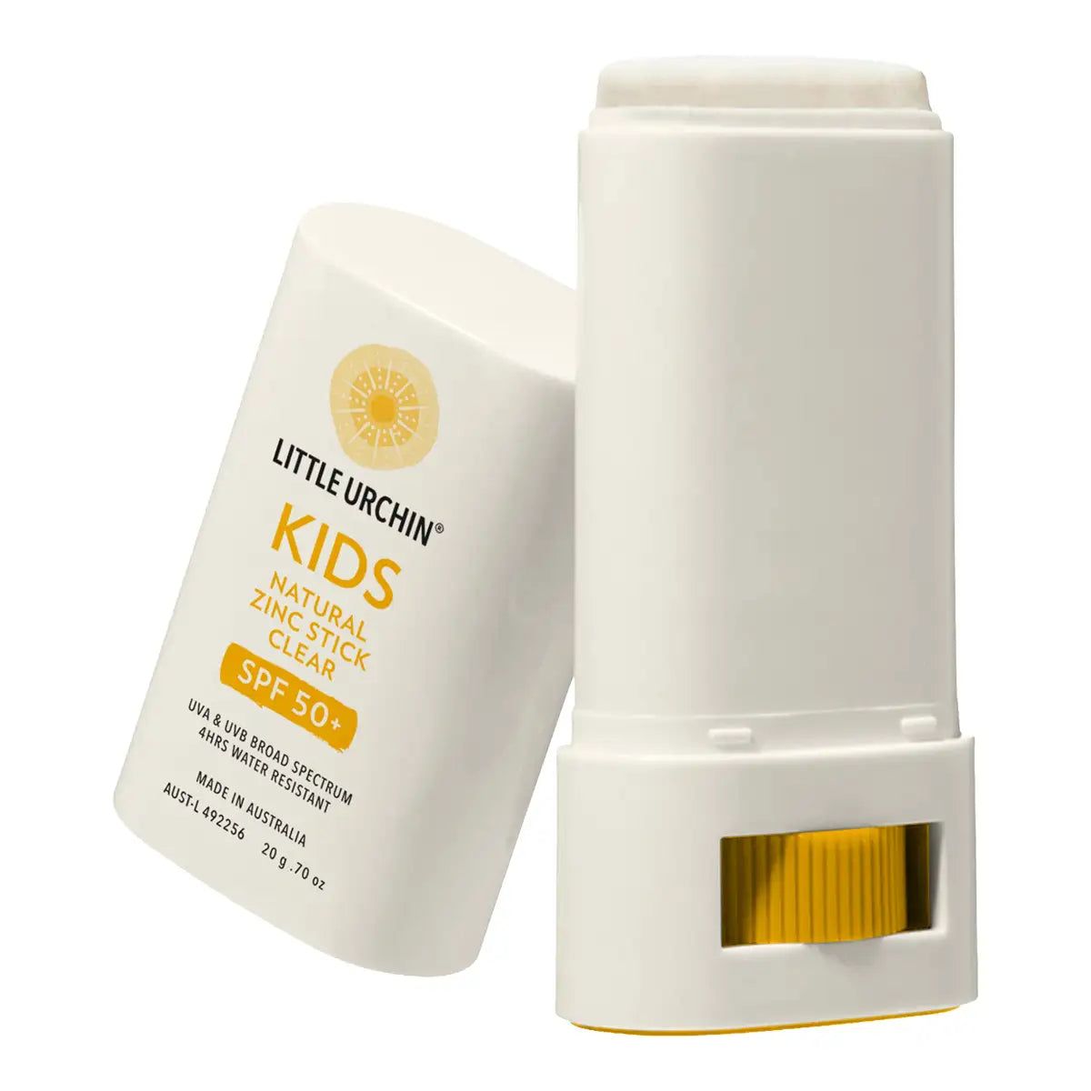 Little Urchin Kids Natural Zinc Stick Clear SPF 50+ sunscreen stick shown with its cap removed and leaning beside the stick container on a white background.
