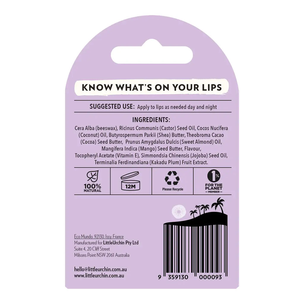 The back of a light purple lip balm packaging card, showing product information, ingredients, icons, and a barcode.