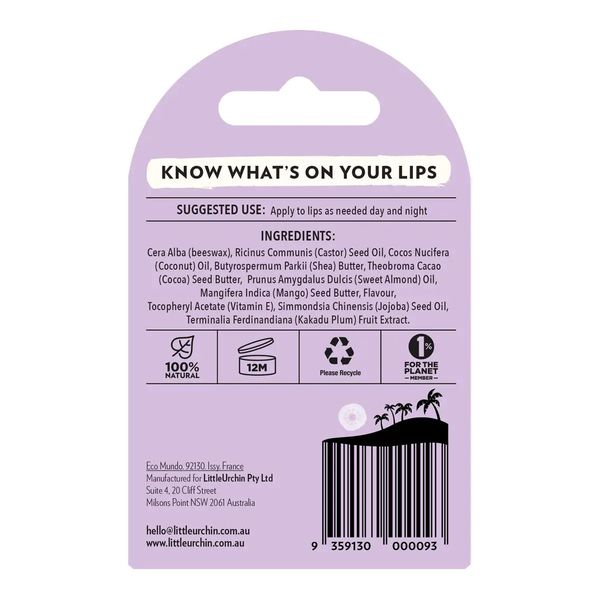 The back of a light purple lip balm packaging card, showing product information, ingredients, icons, and a barcode.