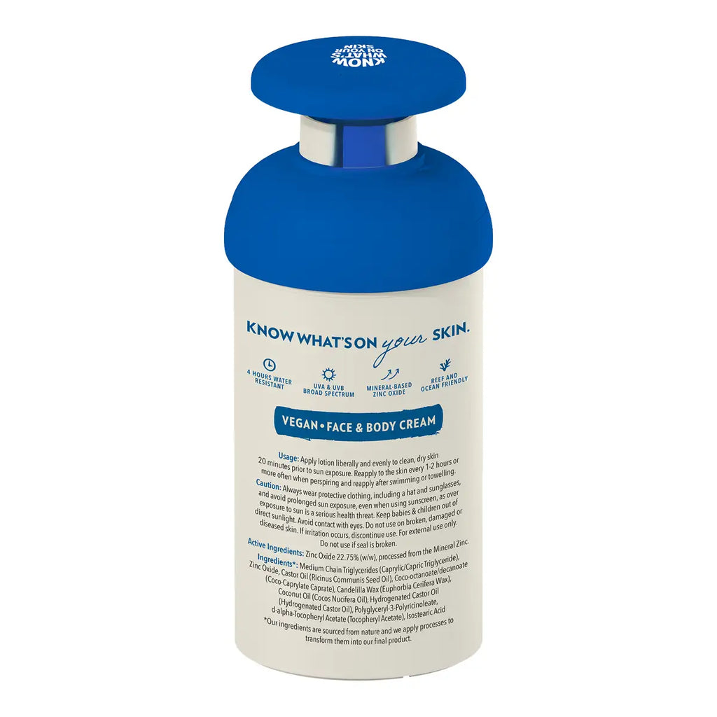 Back of the Little Urchin Natural Clear Zinc Sunscreen SPF 50 300g pump bottle, showing icons and directions for use on a white background