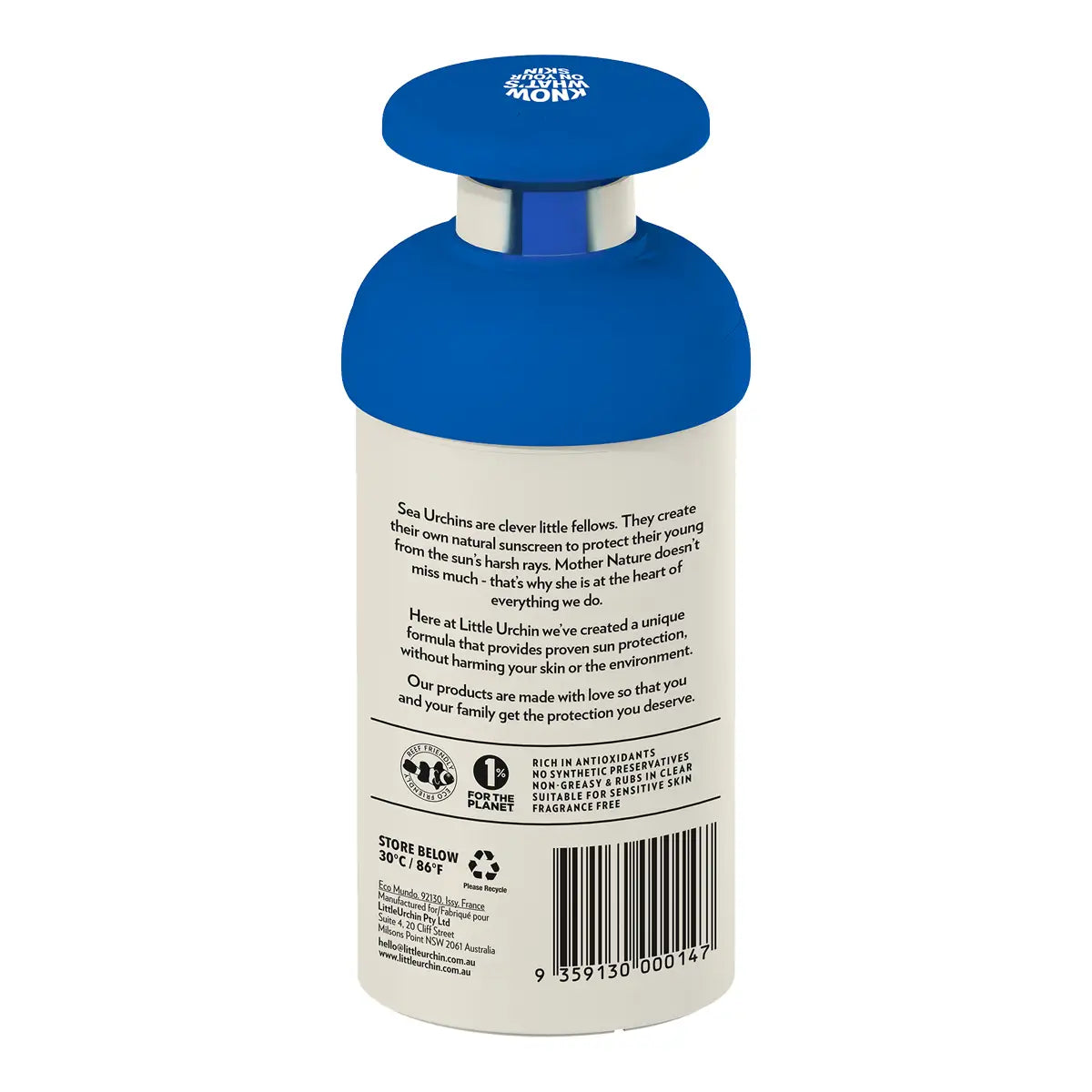 Back of the Little Urchin Natural Clear Zinc Sunscreen SPF 50 300g pump bottle, showing ingredients, cautions and a barcode on white