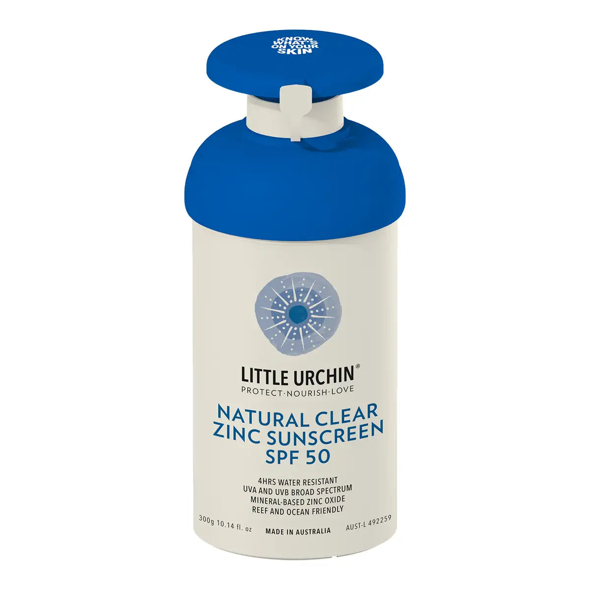 Little Urchin Natural Clear Zinc Sunscreen SPF 50 300g in a white pump bottle with a blue pump head and a blue label, on white