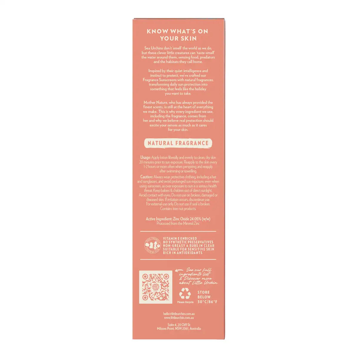 The back of a tall, narrow peach-colored product box with printed text, a QR code, and recycling symbol on a plain white background.