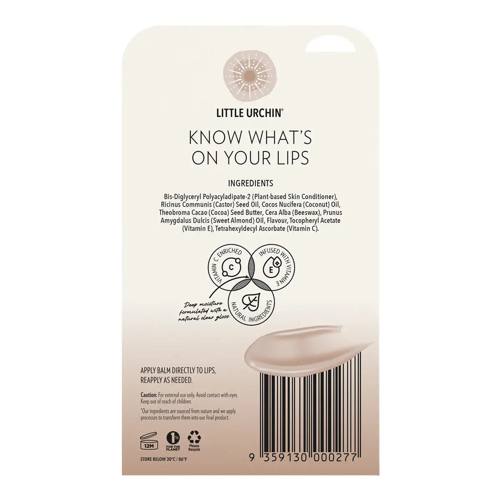 The back of a Little Urchin lip product card on a white background, showing the ingredients, icons, and barcode.