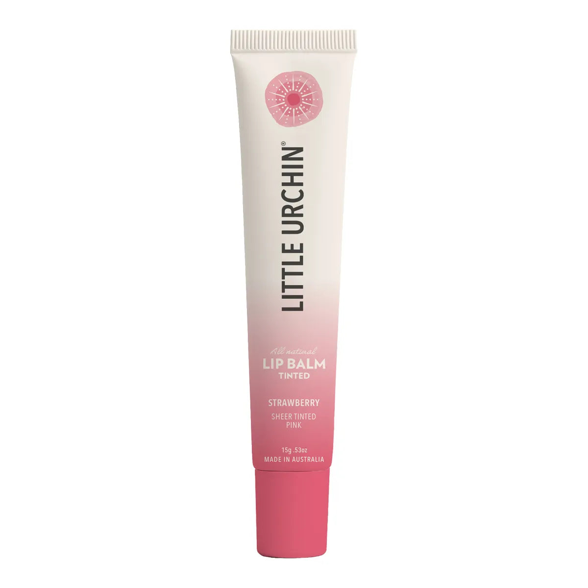 A tube of Little Urchin Lip Balm in Strawberry Sheer Tinted Pink, featuring a white-to-pink gradient tube with black text and a pink cap, set against a plain white background.