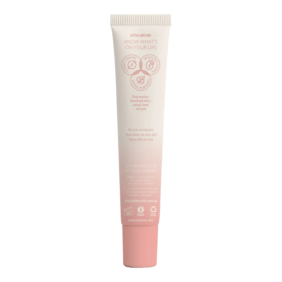 Back of tube of watermelon lip balm, showing icons and pink text on a gradient.