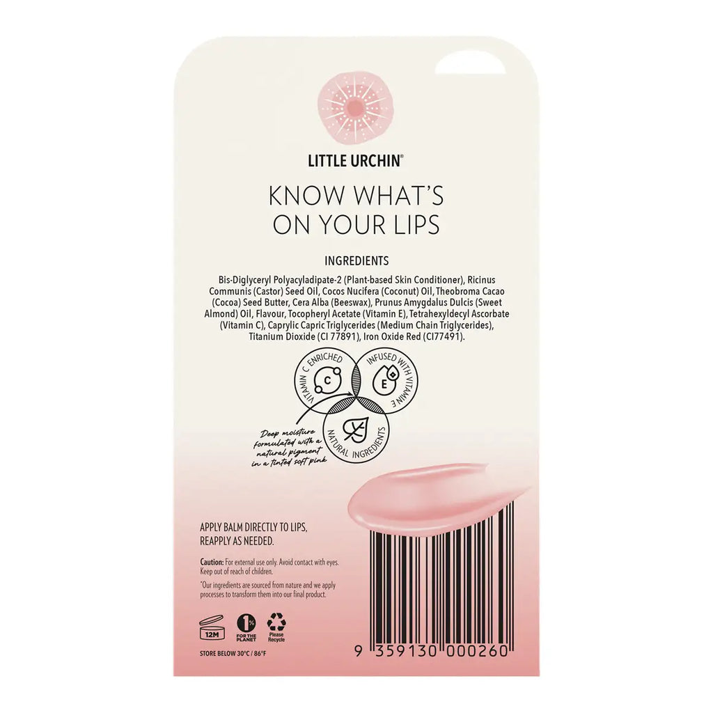 The back of a Little Urchin lip product card or packaging insert, showing product name, ingredients, icons, and a barcode on a white background with a soft pink lower section.
