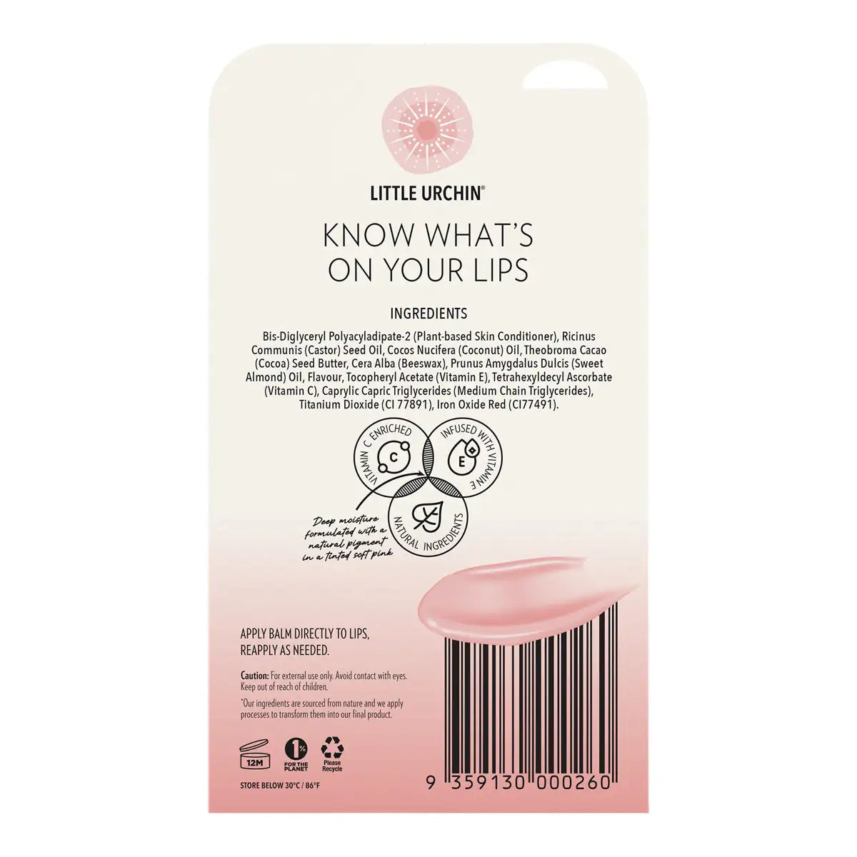 The back of a Little Urchin lip product card or packaging insert, showing product name, ingredients, icons, and a barcode on a white background with a soft pink lower section.