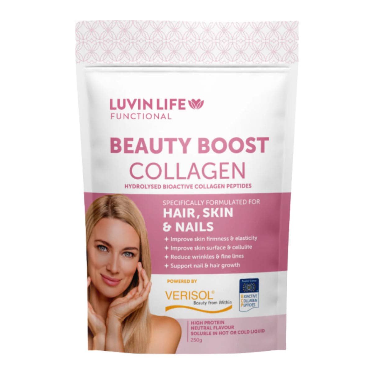Package of Luvin Life Beauty Boost Collagen with a woman's face on a white background.