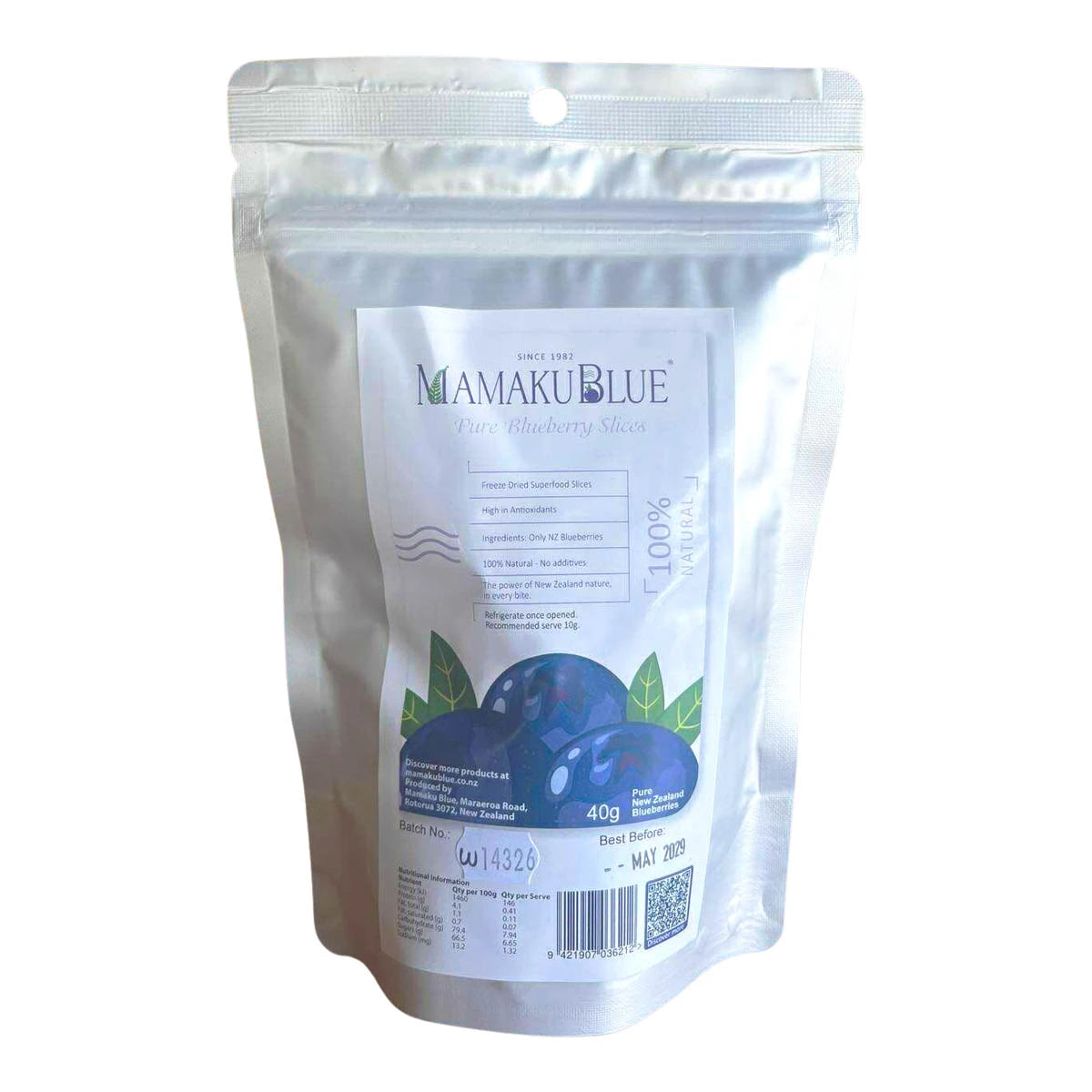 40g silver pouch of Mamaku Blue freeze-dried blueberry slices.