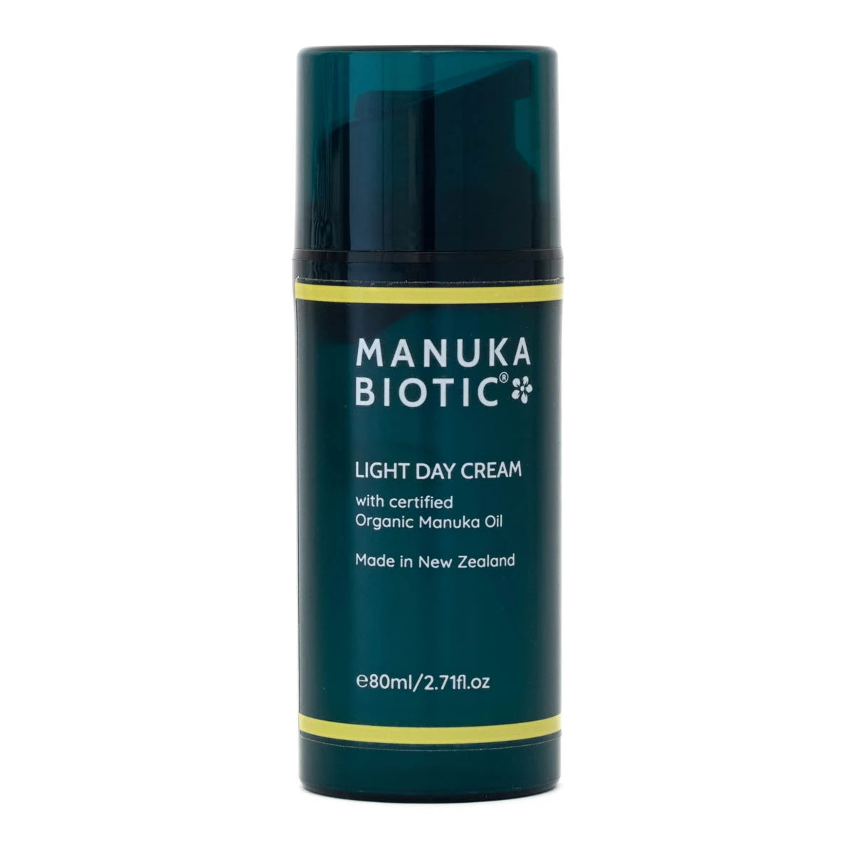 Manuka Biotic Light Day Cream in a dark teal cylindrical bottle with yellow accent bands and white text, shown on a plain white background.