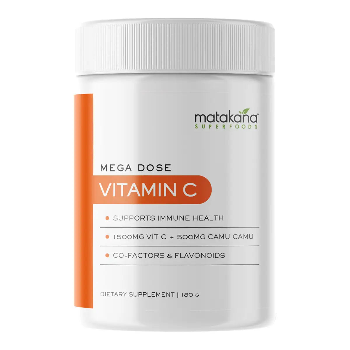 A white plastic jar of Matakana Superfoods Mega Dose Vitamin C dietary supplement, featuring a white ribbed cap and a label with orange and black text.