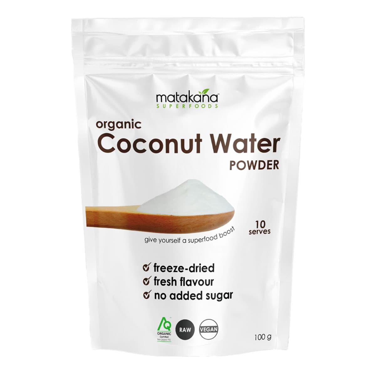 Matakana Organic Coconut Water Powder packaging on a white background.