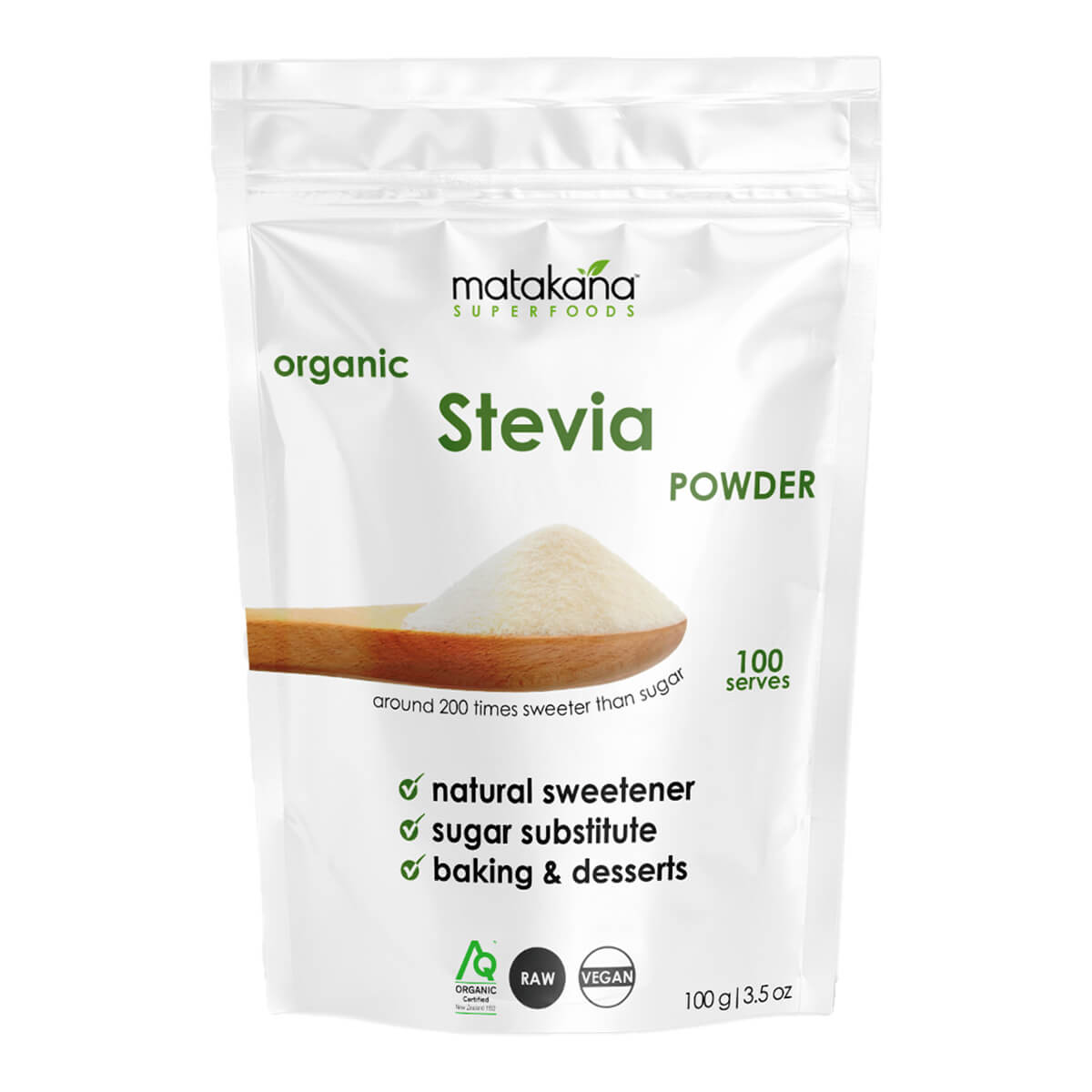Package of Matakana Superfoods Stevia Powder on a white background