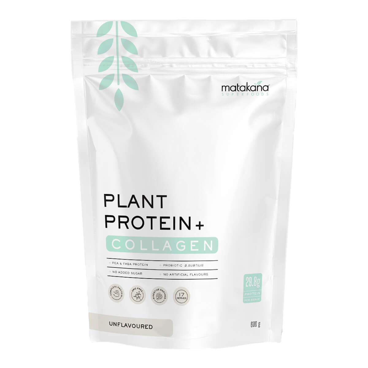 Matakana plant protein and collagen package on a white background