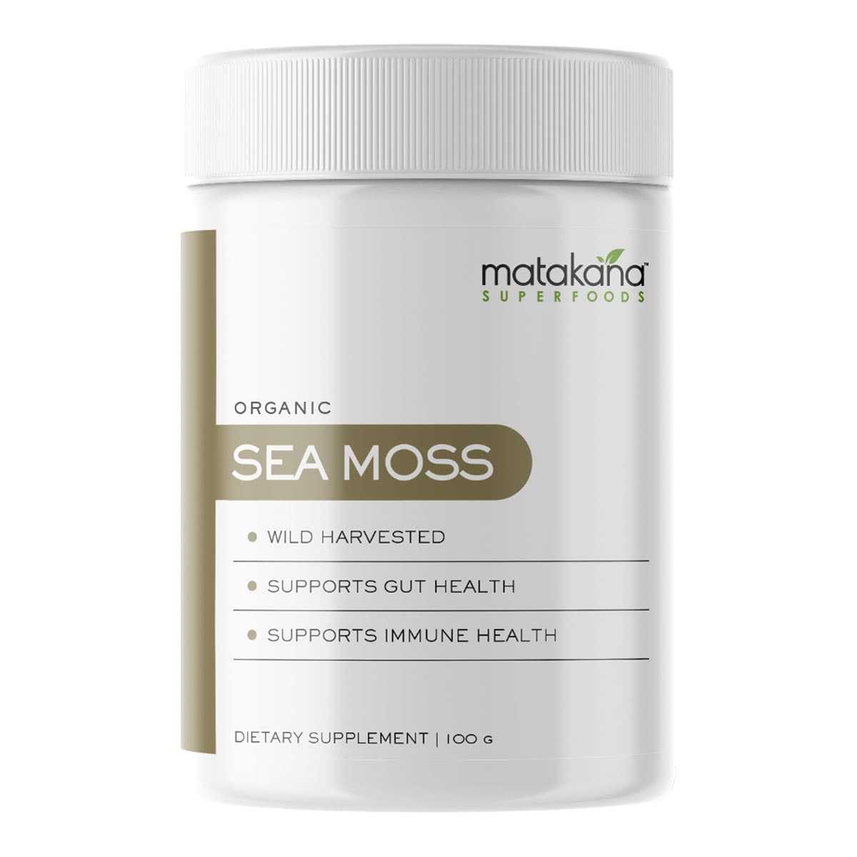 Container of Matakana Superfoods Organic Sea Moss on a white background.