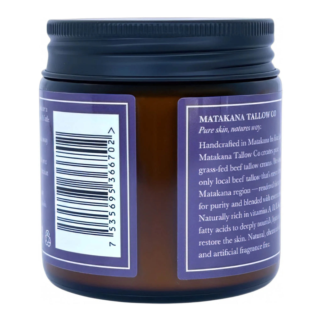 Back view of lavender tallow with a blurb about the product.