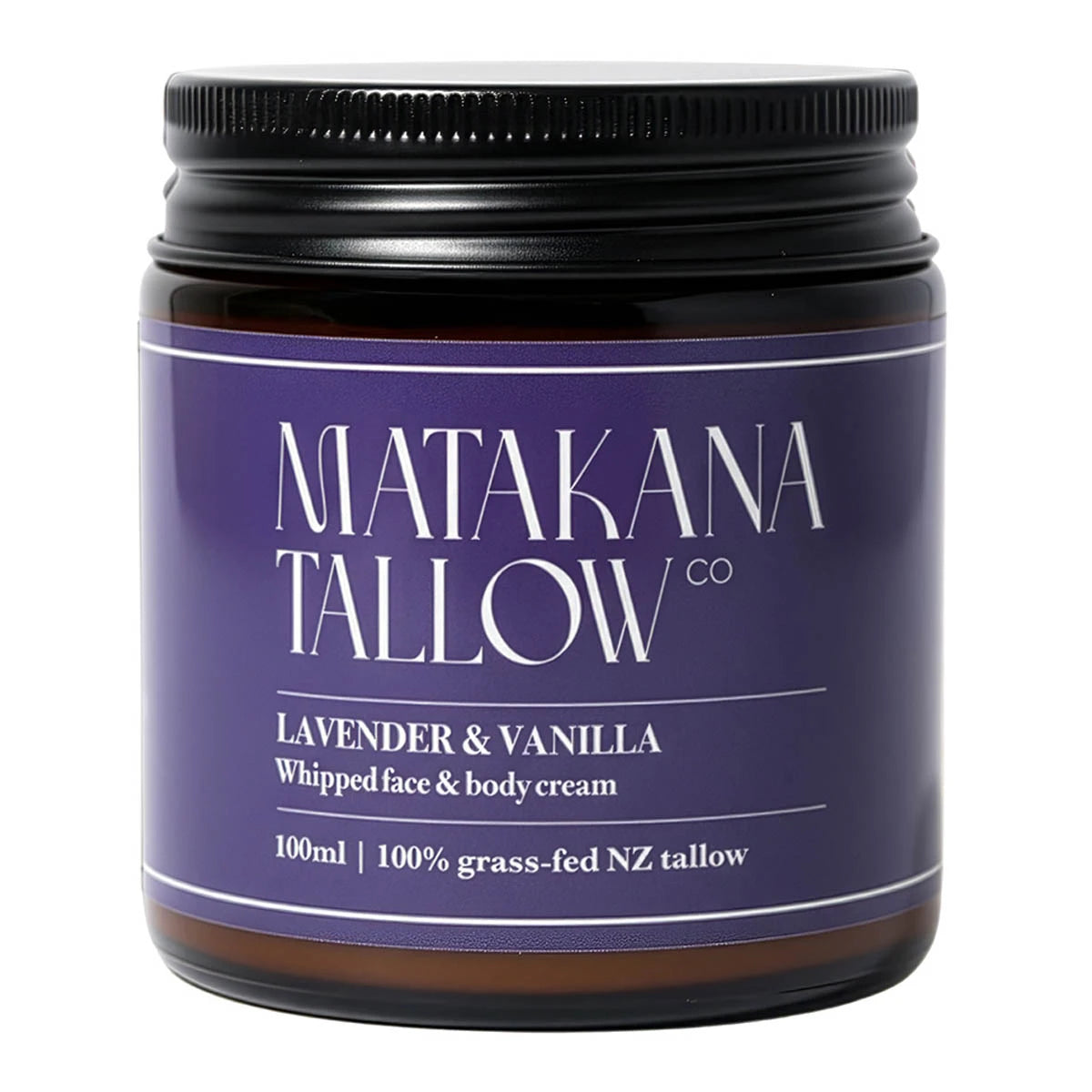 Jar of Matakana Tallow Co lavender and vanilla whipped face & body cream on a white background