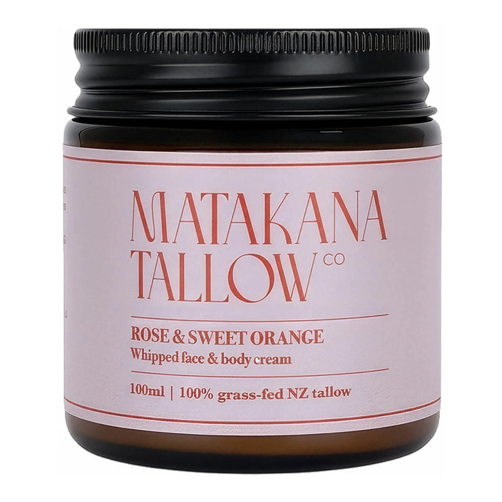 Jar of Matakana Tallow Co rose & sweet orange whipped face & body cream on a white background