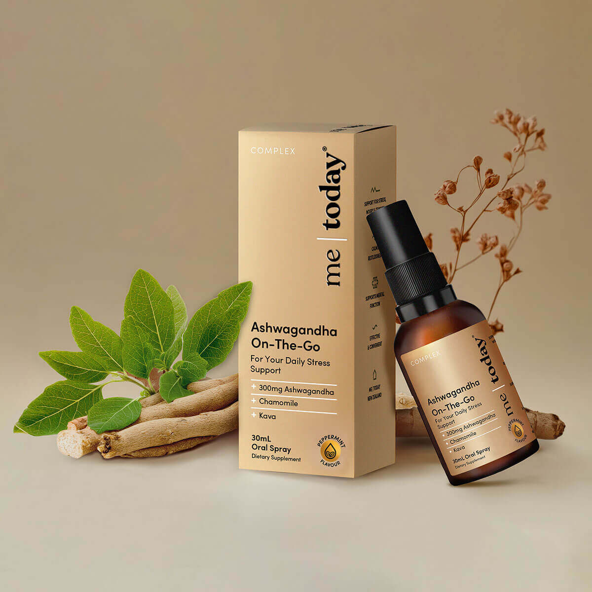 Me Today Ashwagandha On-The-Go supplement bottle and packaging with herbs on a beige background.