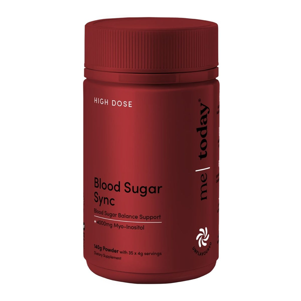 Red supplement bottle labeled 'Blood Sugar Sync' on a white background