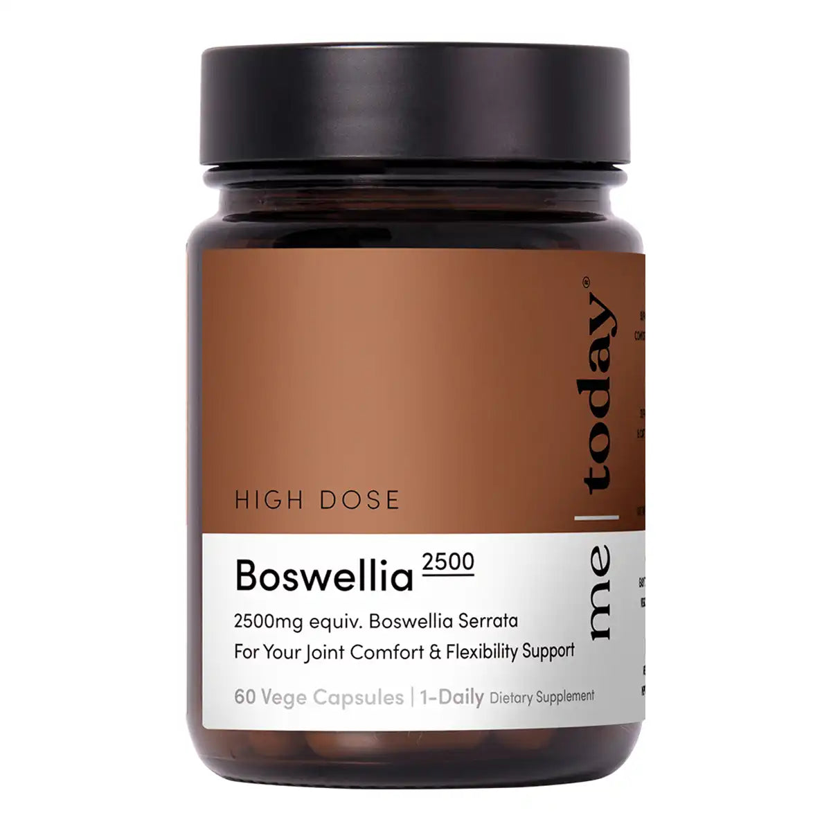 A dark amber glass bottle of Boswellia 2500 supplement with a black cap and a brown and white label.