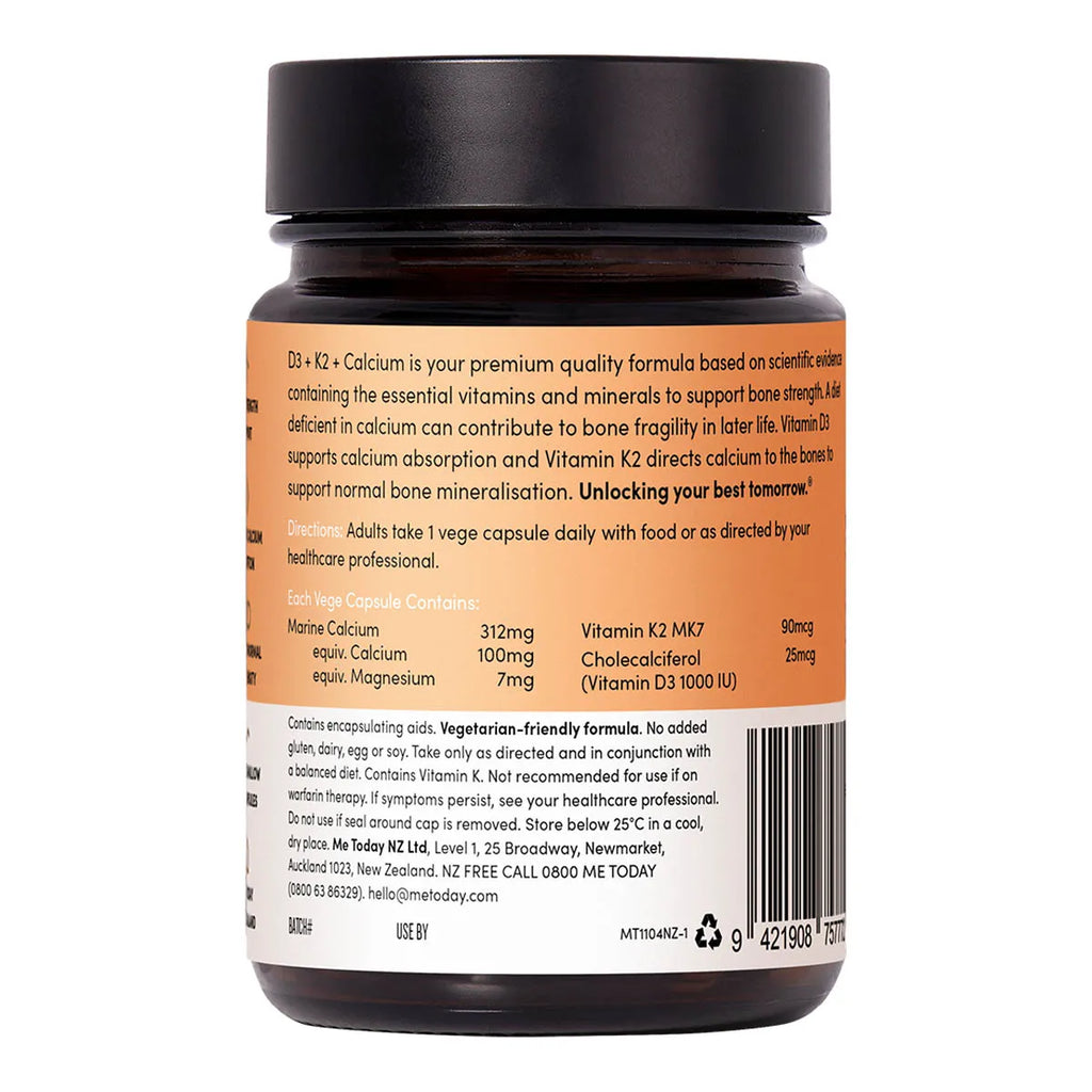 Back view of a dietary supplement bottle with a black cap and an orange label showing product details, ingredients, and a barcode.