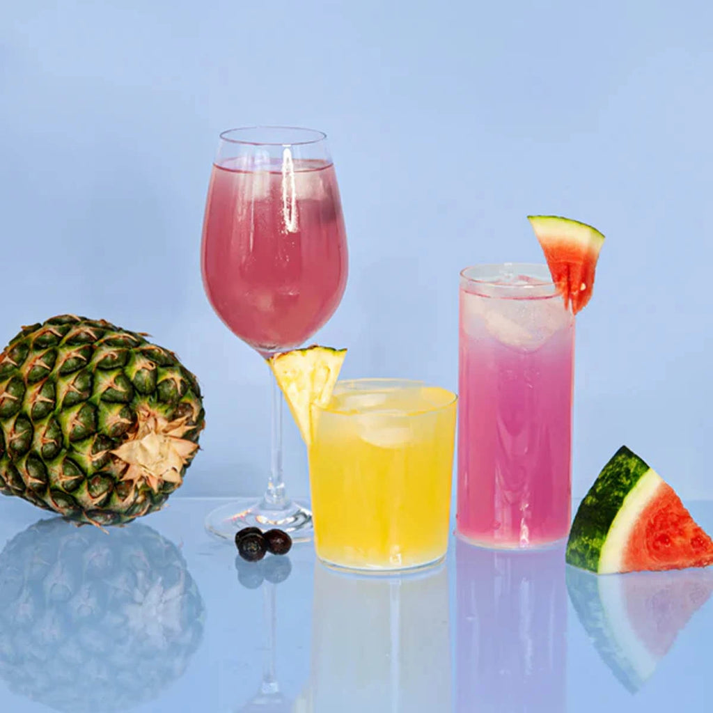 3 glasses of electrolyte drinks in watermelon, pineapple & blackcurrant flavour.