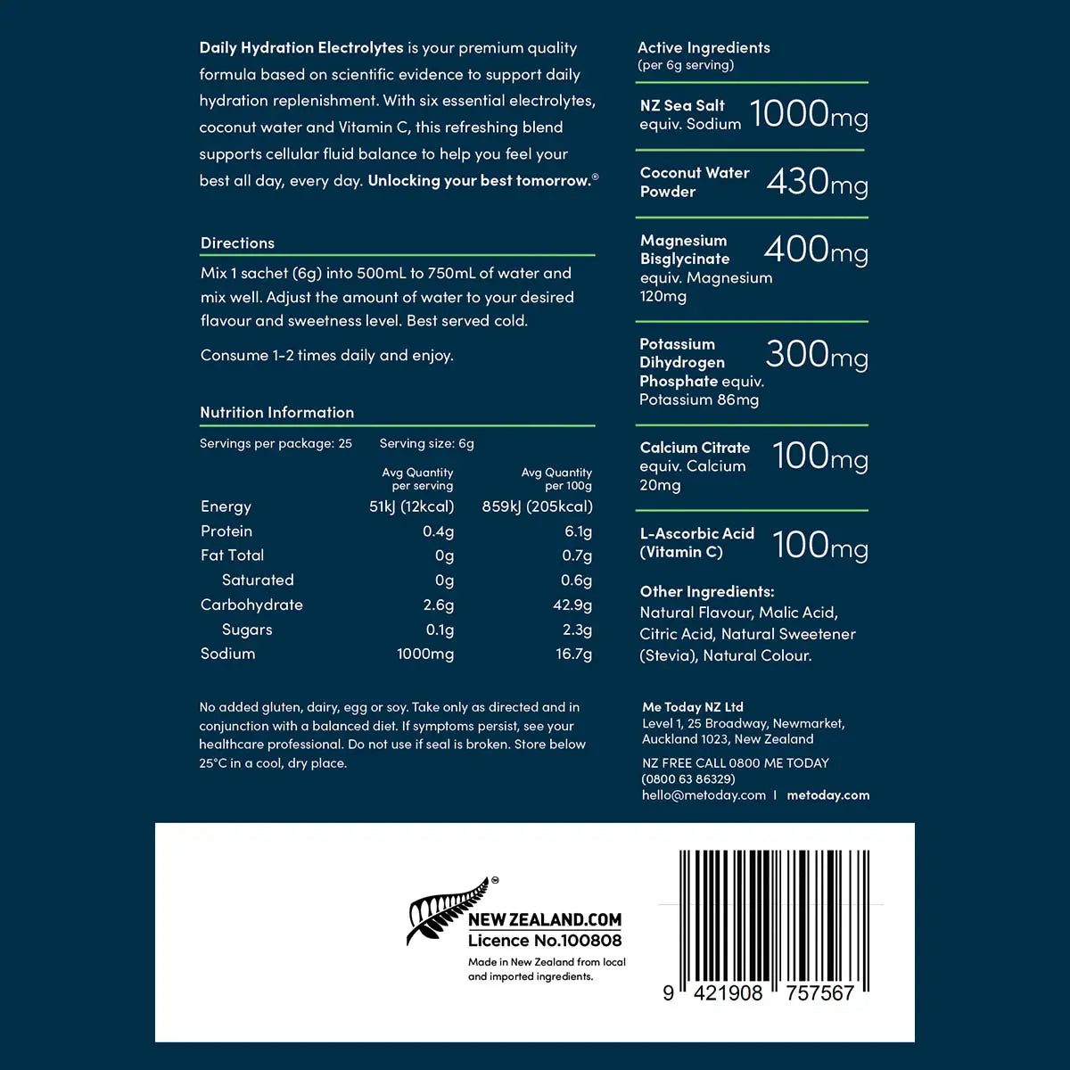Back of daily hydration electrolytes with directions, ingredients & nutrition information. 