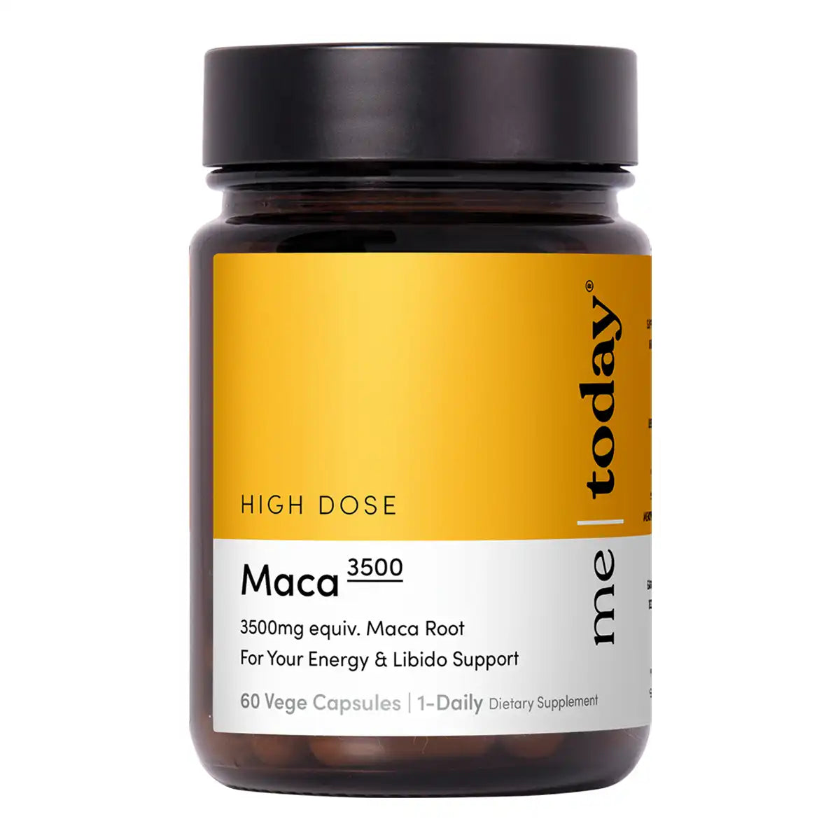 A dark amber glass bottle of High Dose Maca 3500 supplement capsules, featuring a mustard yellow and white label with a black cap.