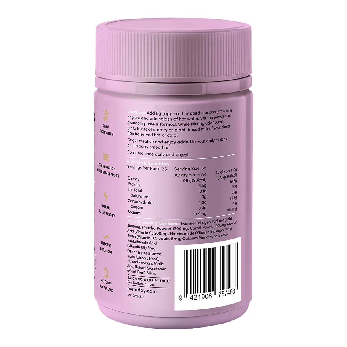 Back of Marine Collagen Glow Girl with directions, nutritional information and ingredients. 
