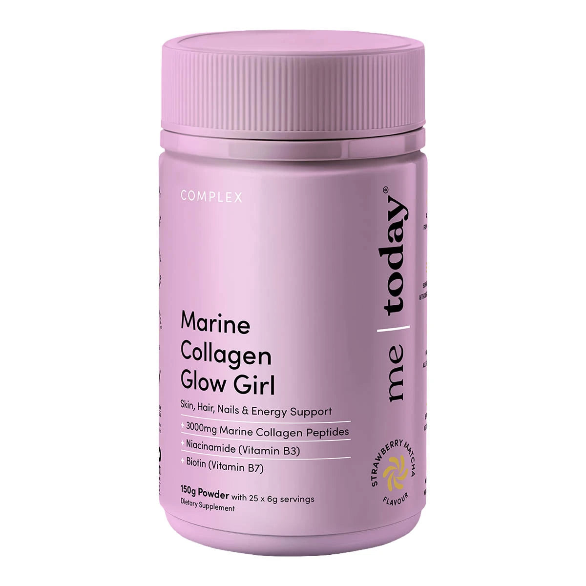 Front of 150g pink container of Marine Collagen Glow Girl by Me Today. Skin, hair, nails & energy support. Strawberry matcha flavour.