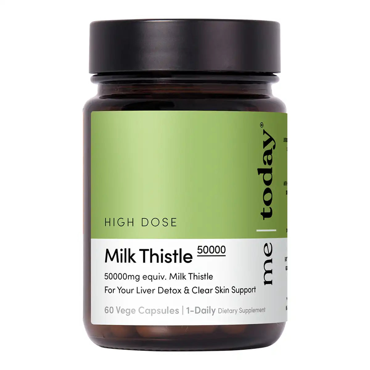 A dark amber bottle of Milk Thistle 50000 dietary supplement with a black cap and a green and white label.