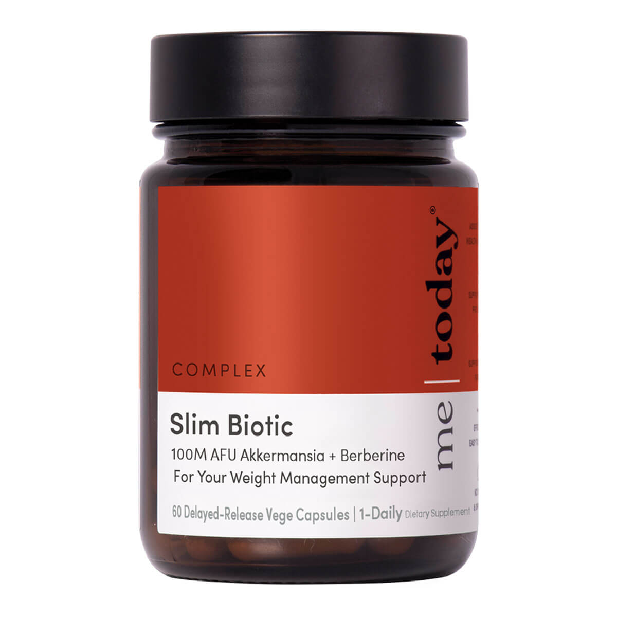 Supplement jar labeled 'Slim Biotic' by 'today me' on a white background.
