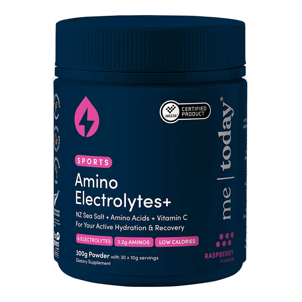 A dark blue plastic tub of 'me today' brand Sports Amino Electrolytes+ dietary supplement powder, featuring a dark blue lid and white and pink text on the label.