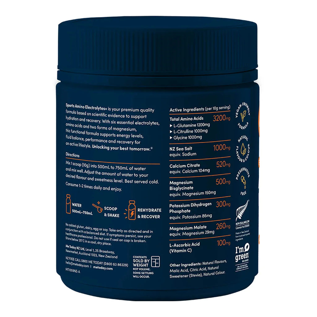 A dark navy blue tub of Sports Amino Electrolytes on a plain white background, showing the back of the label with nutritional information and usage instructions.
