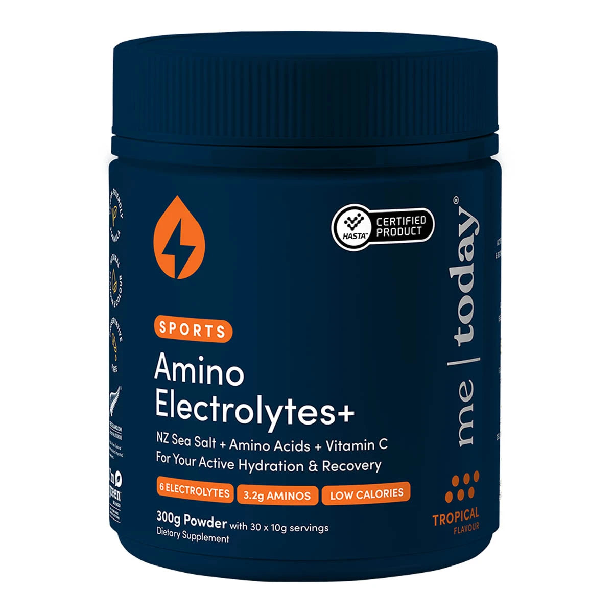 A dark blue plastic tub of Tropical Flavour 'me today' Sports Amino Electrolytes+ powder, featuring orange and white text and a black-and-orange logo on a white background.
