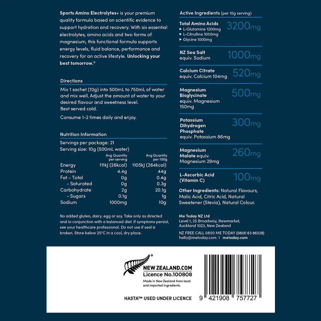 Back panel of a sports amino acid electrolyte powder bottle showing product information, directions, nutrition facts, active ingredients, and a barcode on a white background.