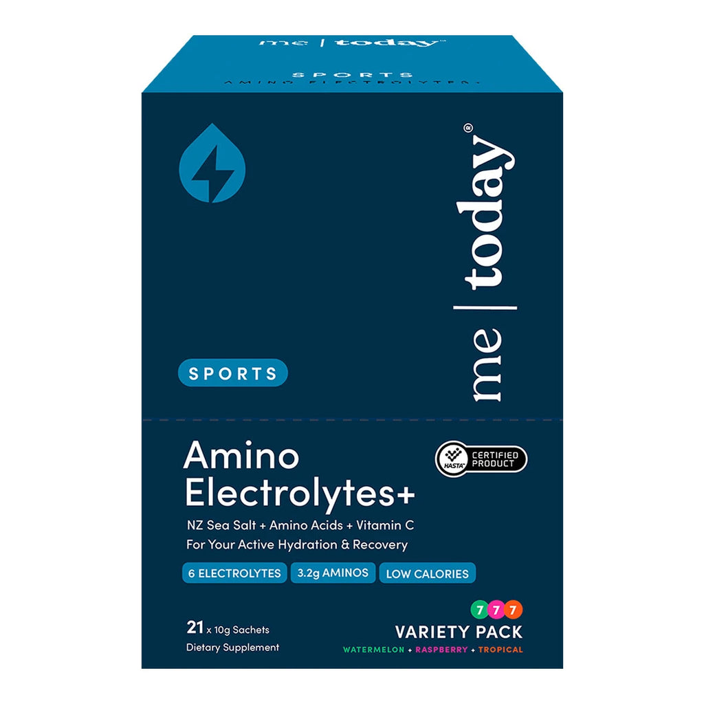 A box of me today Sports Amino Electrolytes+ variety pack dietary supplement, featuring a dark teal and blue colour scheme with white and light blue text.