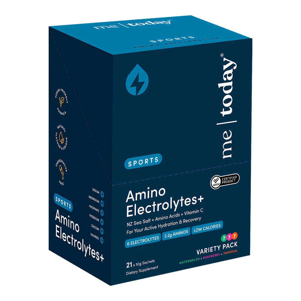 A dark blue box of me today Sports Amino Electrolytes+ variety pack, containing 21 scoops, shown on a clean white background.