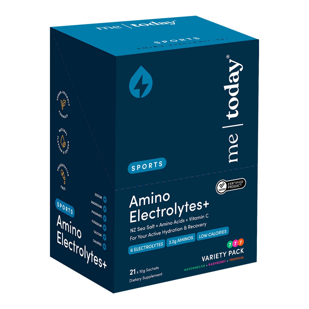A dark blue box of me today Sports Amino Electrolytes+ variety pack, containing 21 scoops, shown on a clean white background.