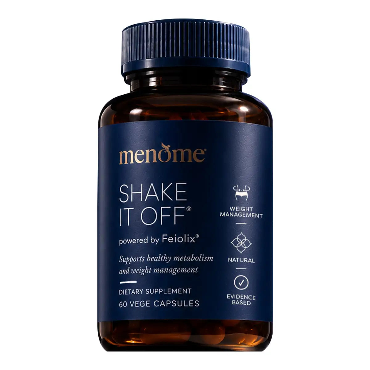 A bottle of MenoMe Shake It Off dietary supplement, featuring an amber brown bottle with a dark navy blue cap and a matching navy blue label with gold and white text.