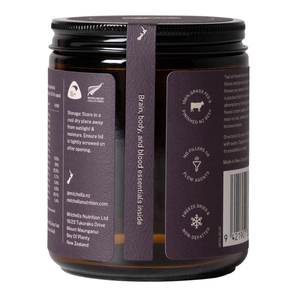 Back view of a dark amber glass jar of Mitchell Nutrition Blood and Body Essentials with a black screw cap and a dark purple label.