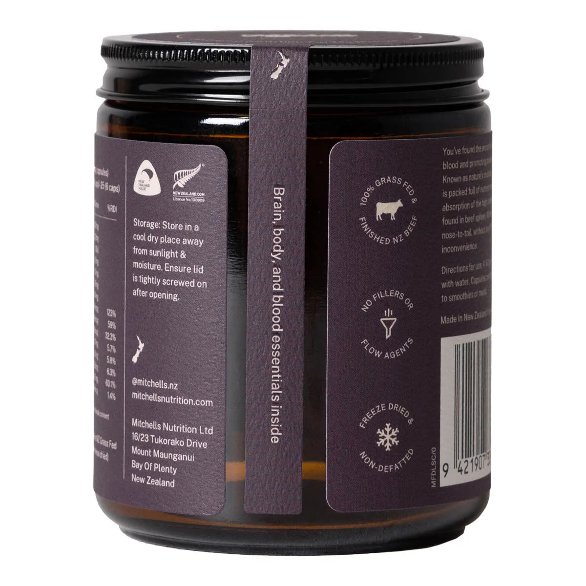 Back view of a dark amber glass jar of Mitchell Nutrition Blood and Body Essentials with a black screw cap and a dark purple label.