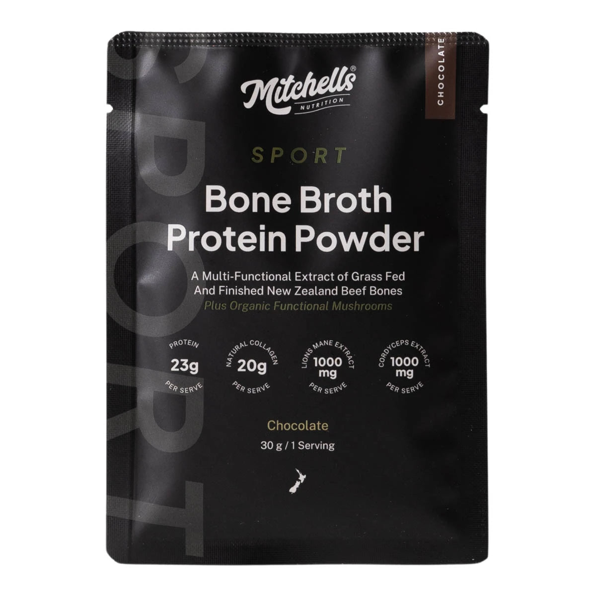 30g single serve pouch of Mitchells Nutrition Chocolate Bone Broth Protein Powder with black packaging