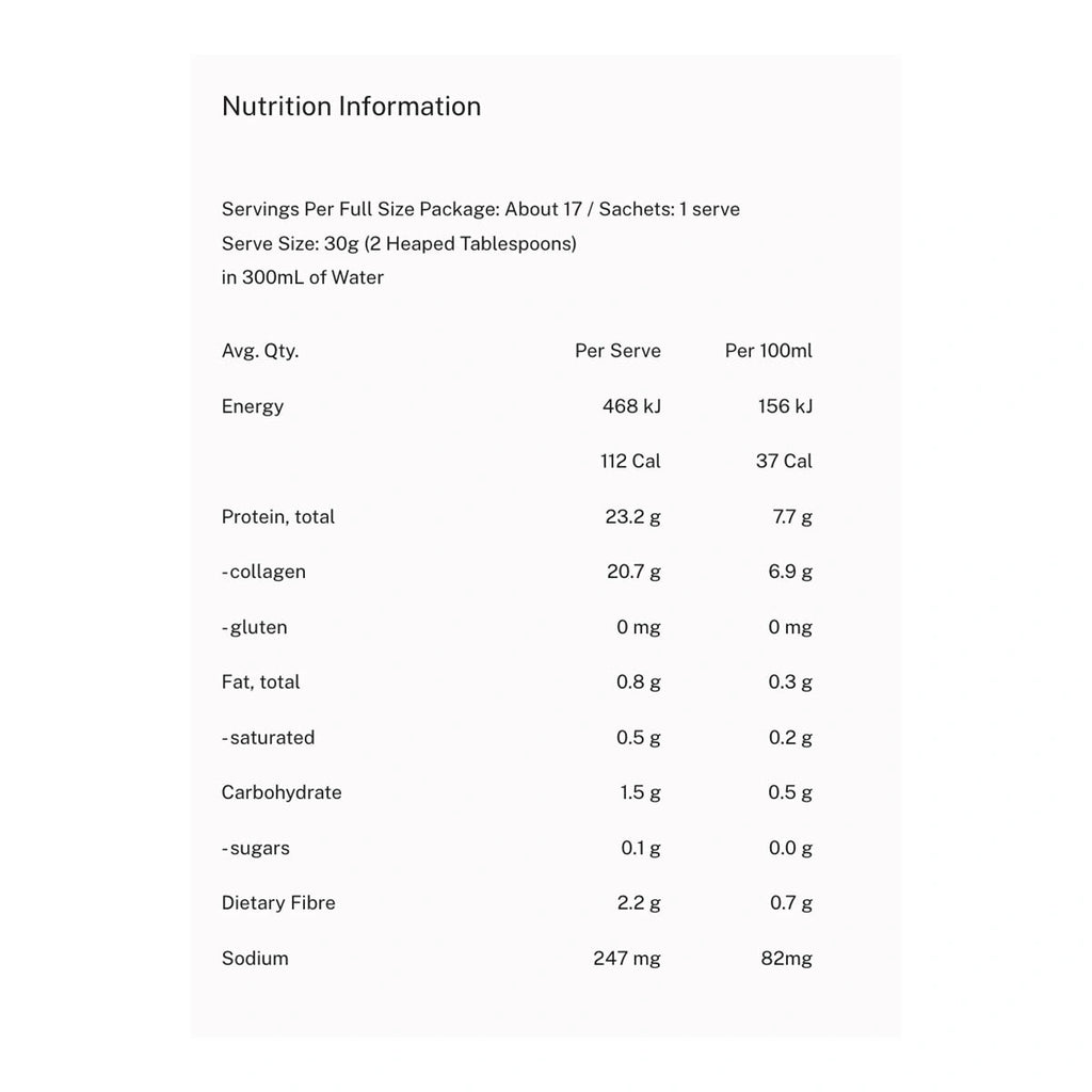 Nutrition information panel for chocolate bone broth protein powder. 