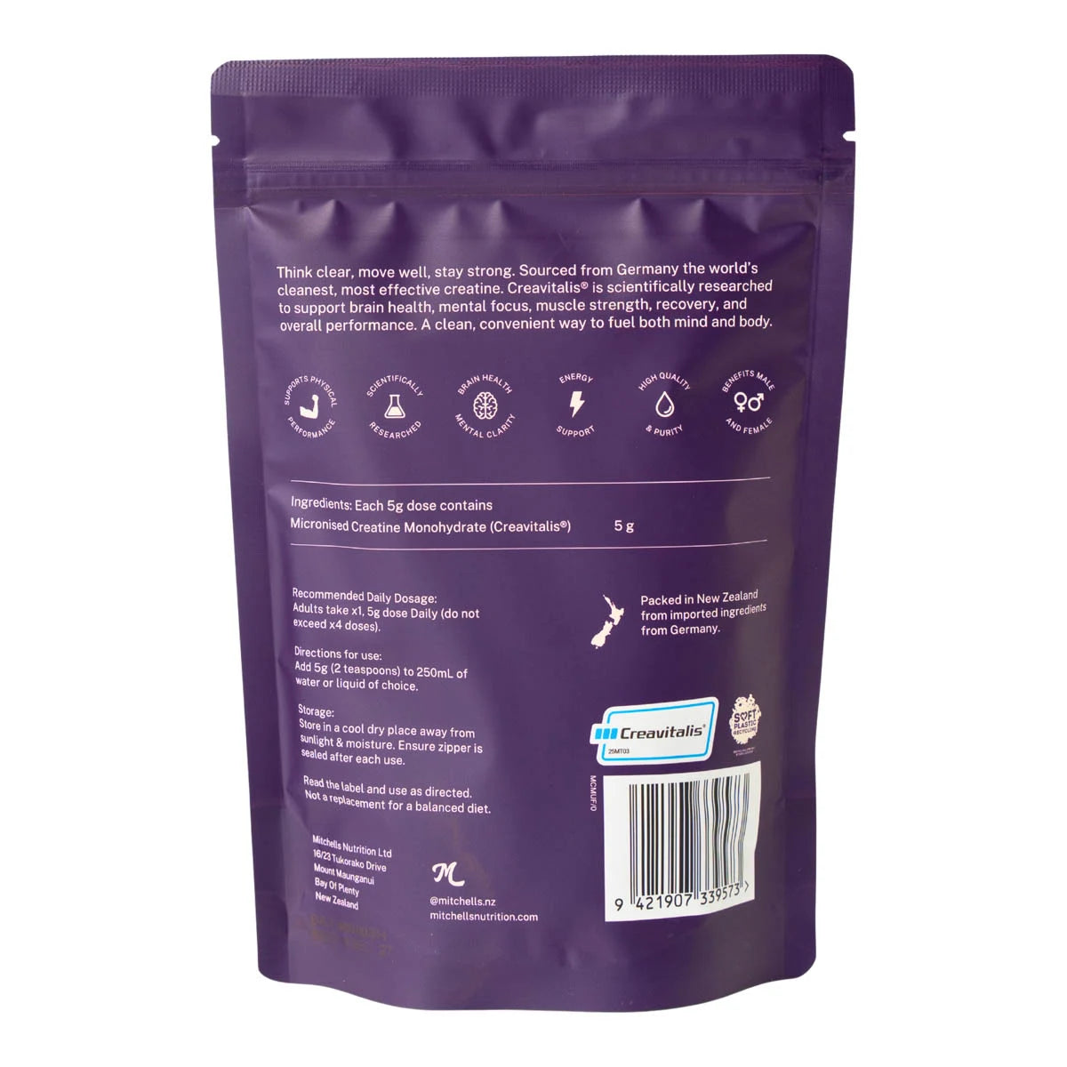 Back of Mitchells Nutrition Creatine Monohydrate packaging with ingredients, storage instructions, directions & product information.