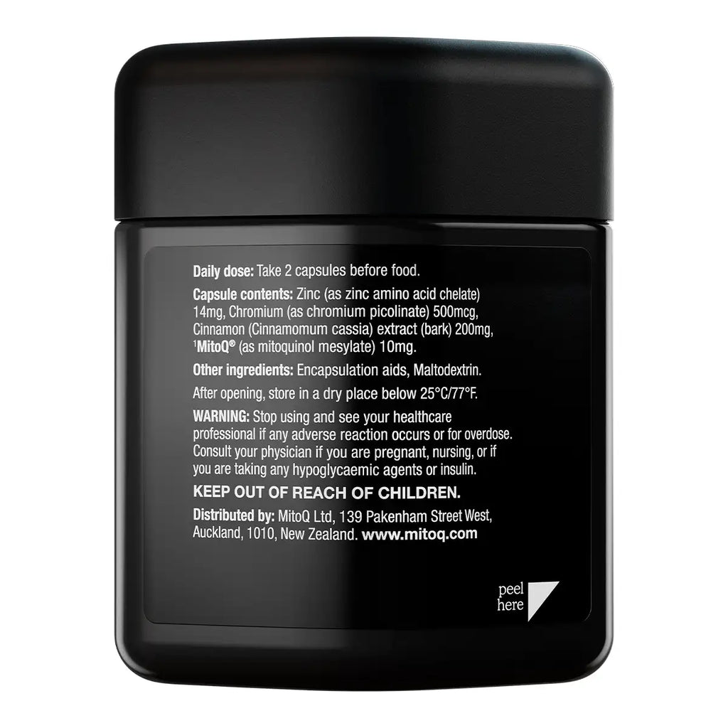 The back of a black supplement jar with a matching black lid, featuring white text.
