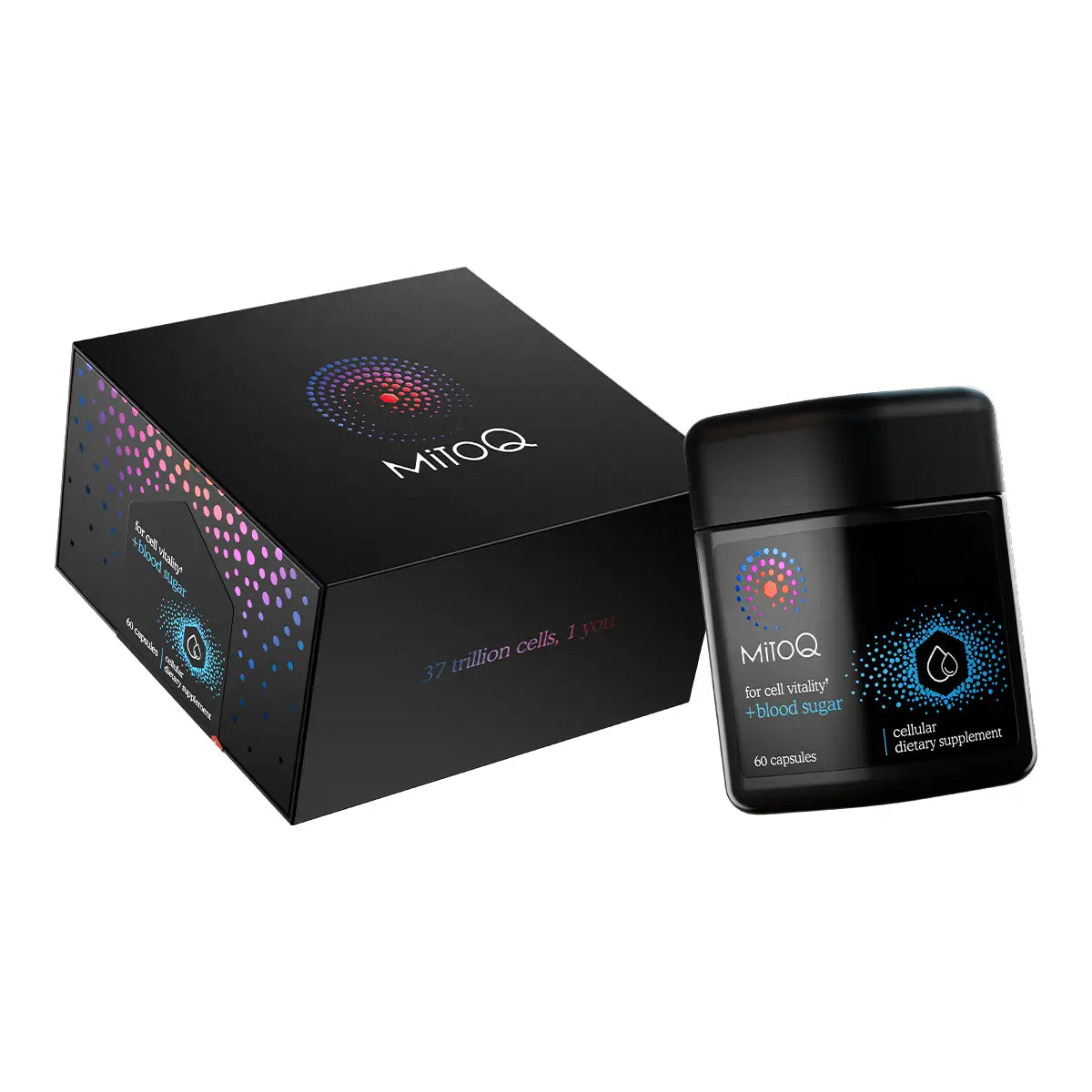 MitoQ dietary supplement packaging, showing a black box and a matching black jar with a black lid.